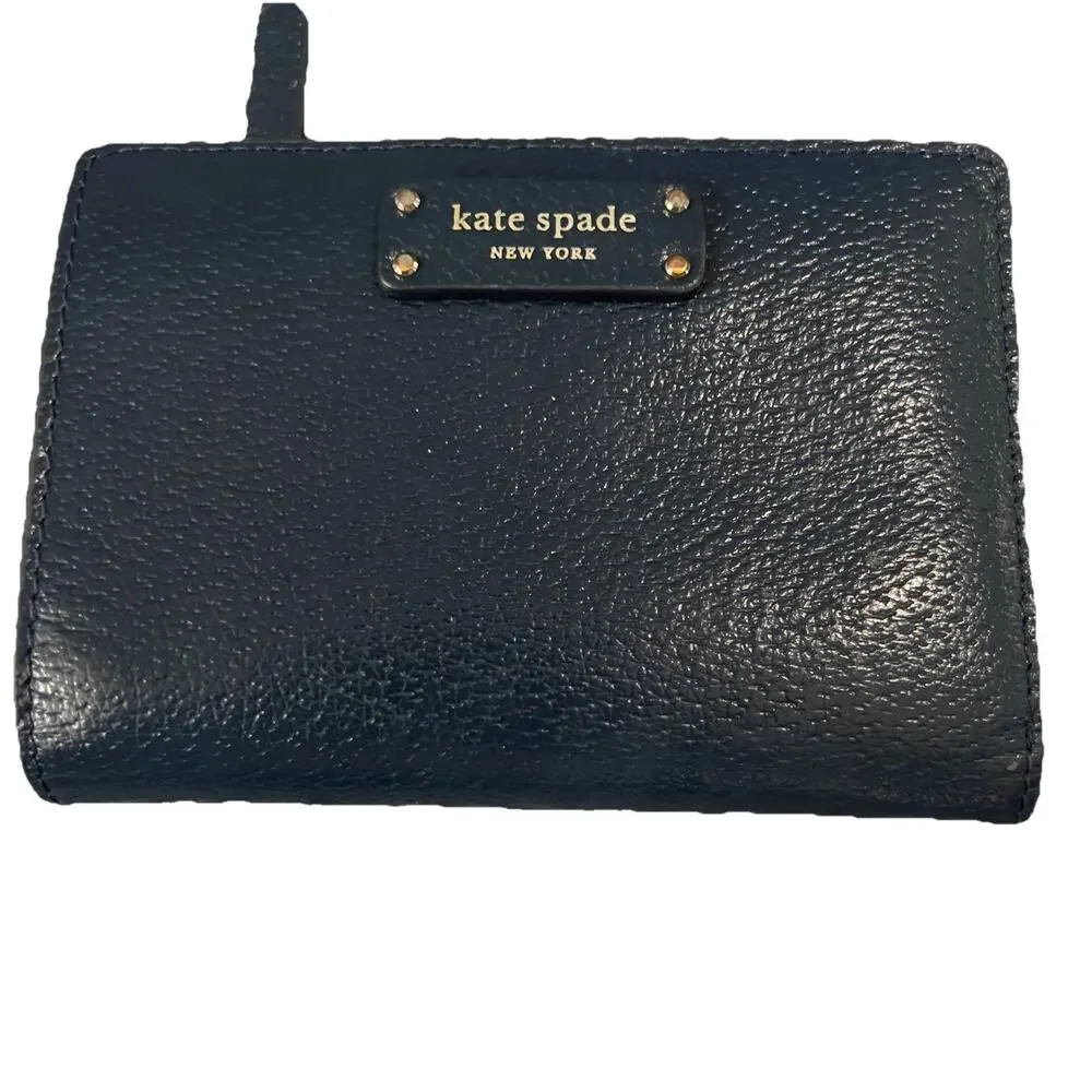 KATE SPADE Navy Blue Bifold Wallet Soft Pebbled Leather Excellent Condition